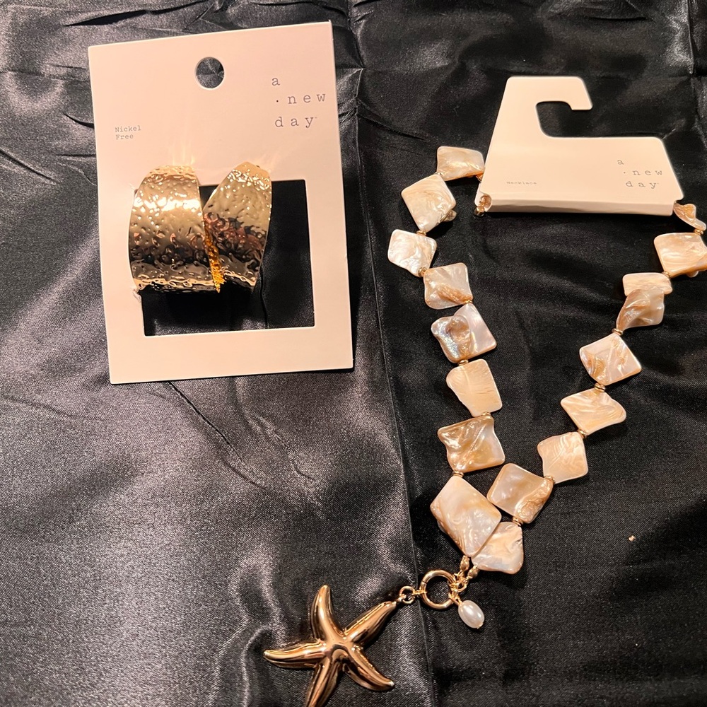 A New Day Textured Gold Earrings and Shell Necklace